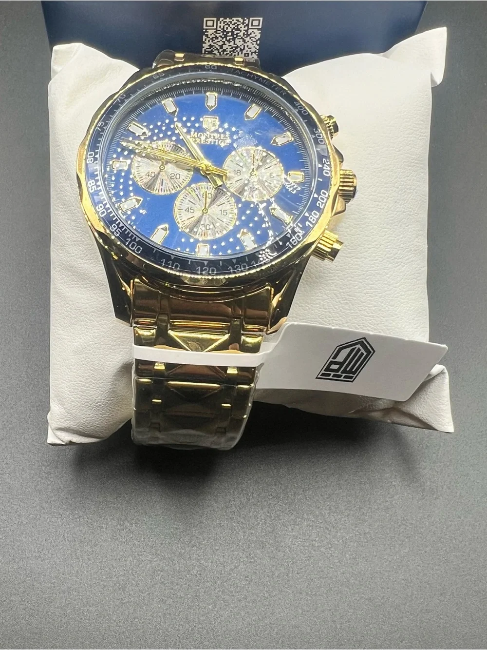 Montres Prestige MPW-0349 Men’s 44.5mm Gold-Tone Chronograph Blue Dial Watch